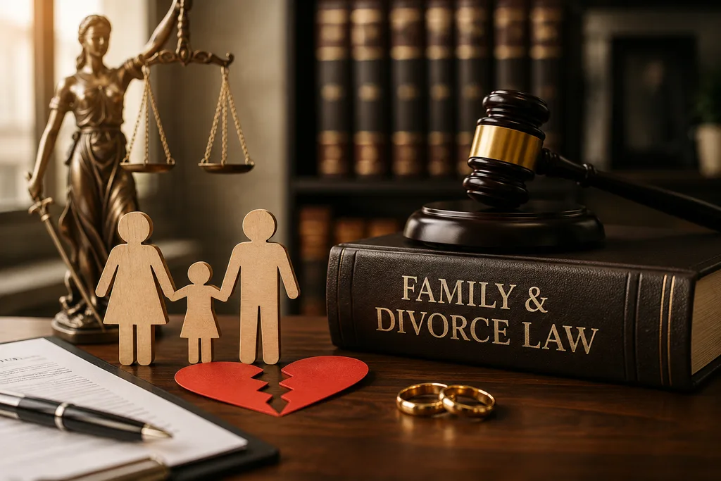 Family and divorce law concept featuring a judge’s gavel, family figures, broken heart, wedding rings and scales of justice. The image represents divorce proceedings, child custody, maintenance, matrimonial disputes and professional family law legal services.