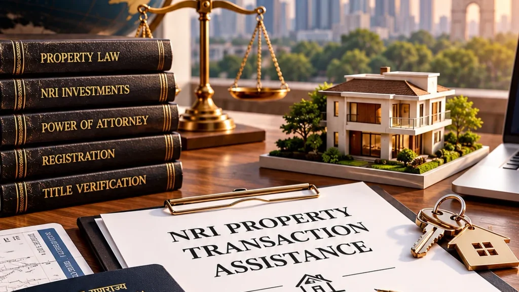 NRI property transaction assistance in India with legal documents, property model, Indian passport, house keys and legal scales.
