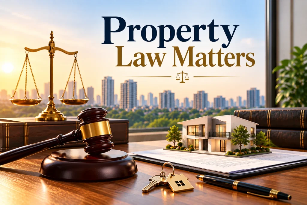 Property law matters with gavel, scales of justice, house model and legal documents for real estate legal services.