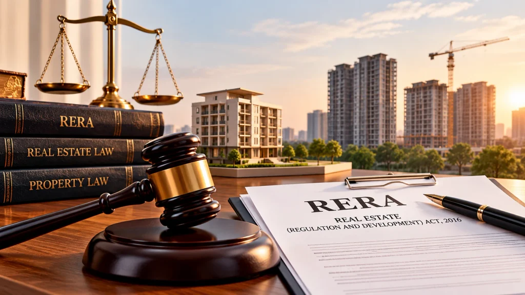 RERA legal matters with judge’s gavel, property law documents, balance scale and residential buildings.